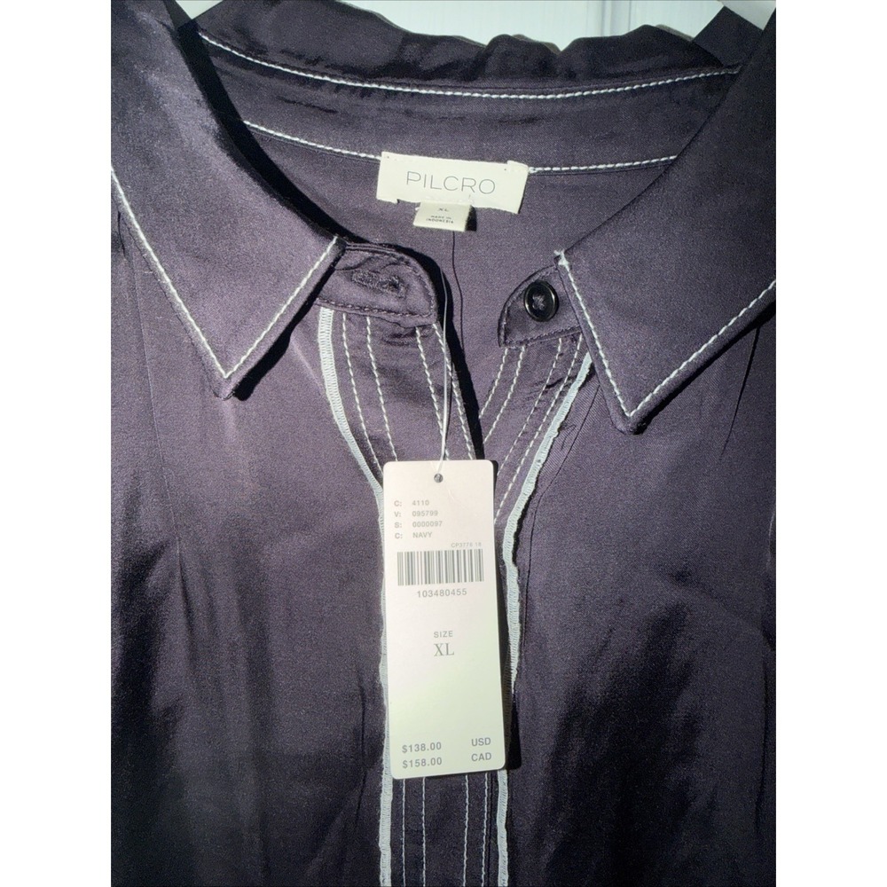 NEW! Pilcro Anthropologie Longline Silky Top Shirt Women's XL Navy Button - Picture 3 of 6